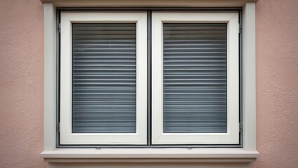 Fototapeta premium Modern plastic window with closed roller shutters featuring a clean design and neutral colors on a textured wall background.