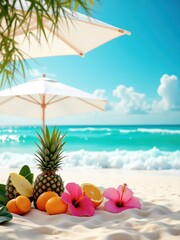 Tropical beach with straw hat and umbrella on a sunny island paradise