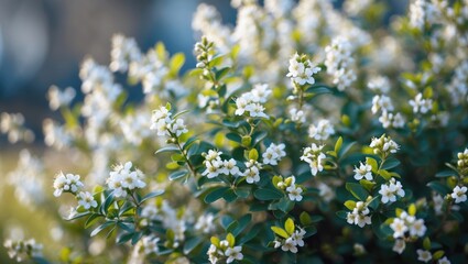 Close-up of delicate white flowers on a spirea bush with a blurred natural background evoking the beauty of spring or summer.