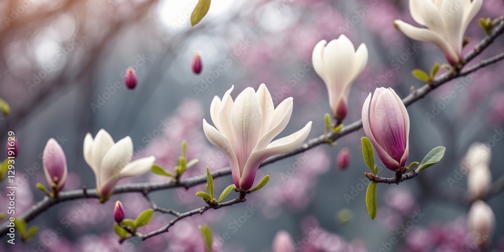 Poster magnolia flower branch in soft focus blooming background with blurred colors and empty space for tex