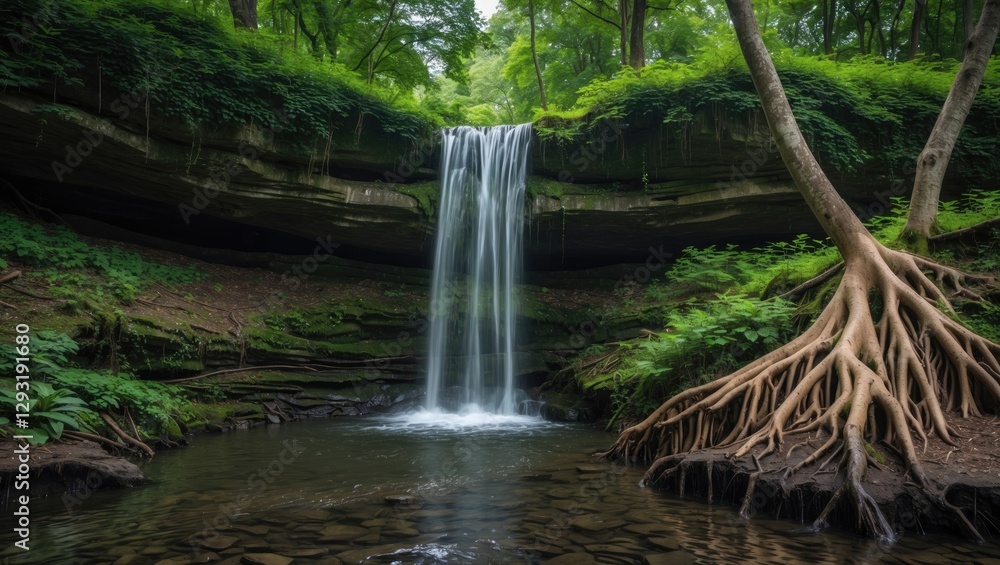 Poster tranquil small waterfall surrounded by lush green forest and intricate roots with space for text or 