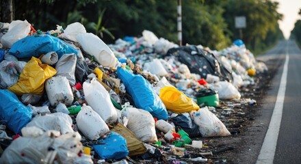 Plastic waste accumulation beside road highlighting environmental challenges and urban pollution in a natural setting.