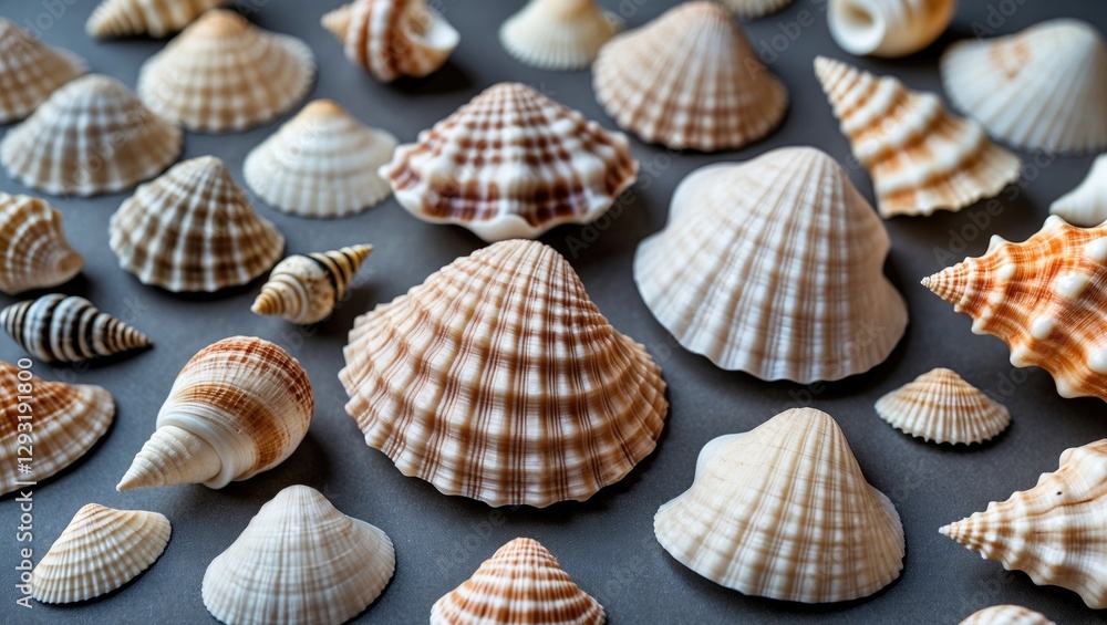 Poster variety of beautiful seashells on gray surface displaying unique patterns and textures ideal for coa
