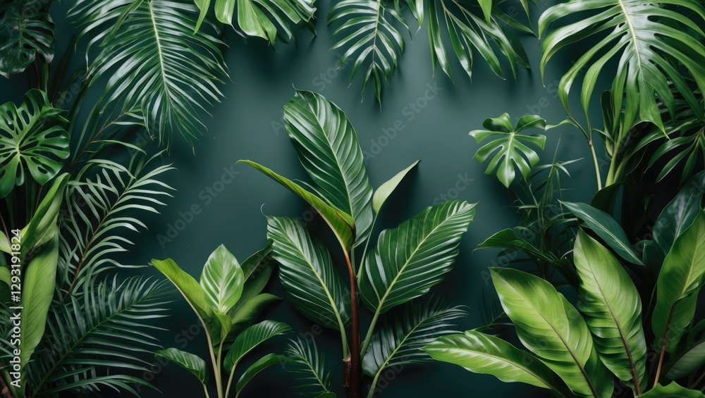 Aufkleber tropical green leaves arranged on a dark background creating a serene design space for presentations