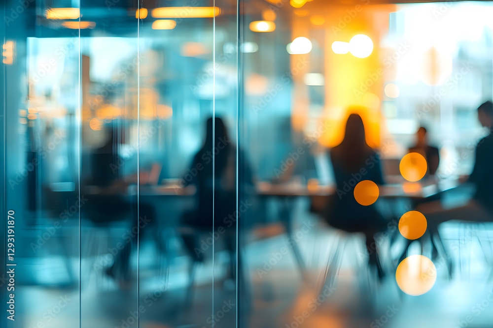 Wall mural abstract blur image of business people walking at modern hallway with bokeh for background usage