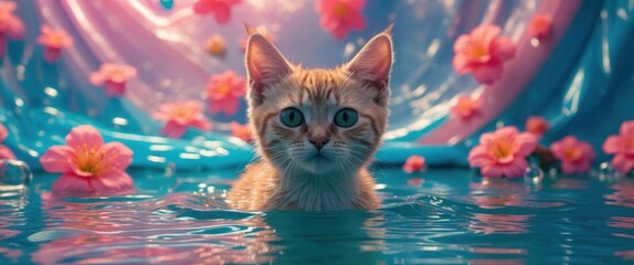 Cute tabby kitten surrounded by pink flowers in a tranquil blue water setting with a vibrant plastic background.