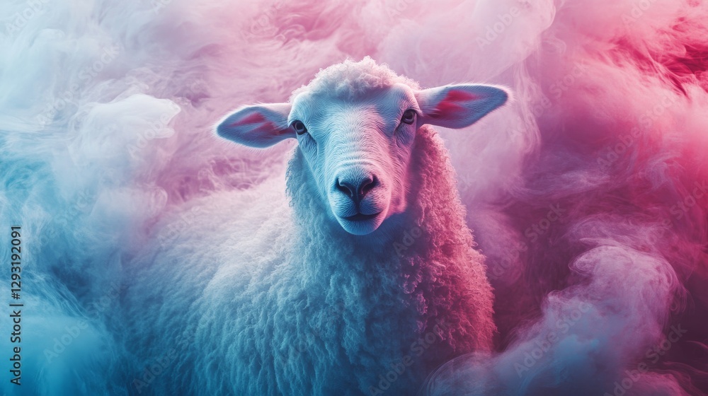 Poster sheep in pastel pink and blue fog with curious expression, surreal and ethereal atmosphere. dreamlik