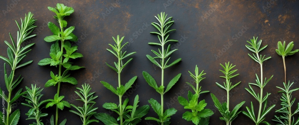 Aufkleber fresh green herb collection on rustic background with empty space for text or marketing message