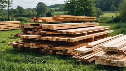 Stack of timber planks arranged on green grass at a countryside construction site showcasing building materials for outdoor projects.