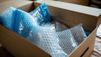 Bubble Wrap Packaging Material Stored in a Cardboard Box for Safe Shipping and Protection