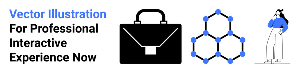Black briefcase, network with blue dots to symbolize connections, and contemplative person. Ideal for business, teamwork, networking, strategy, innovation, decision-making flat landing page banner