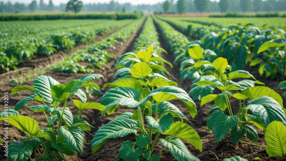 Poster lush green crop rows in agricultural field with clear sky and ample space for text or graphics in ba
