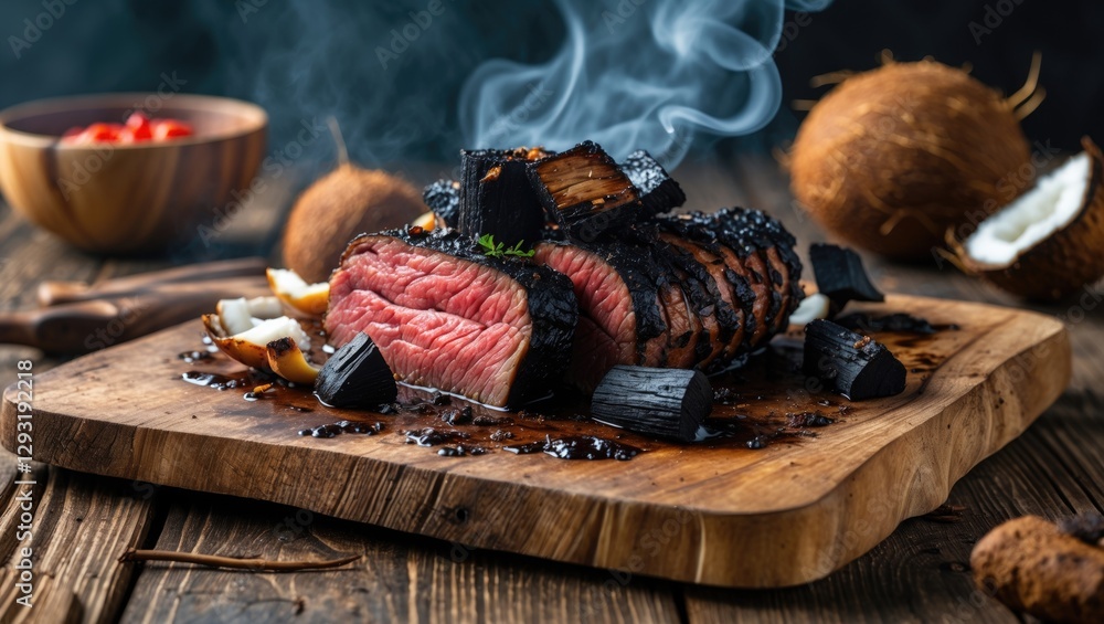 Poster smoked beef sirloin with charcoal and coconut accents on rustic wooden board with copious empty spac