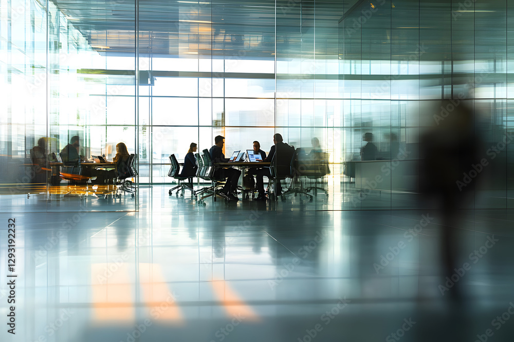 Wall mural abstract blur image of business people walking at modern hallway with bokeh for background usage