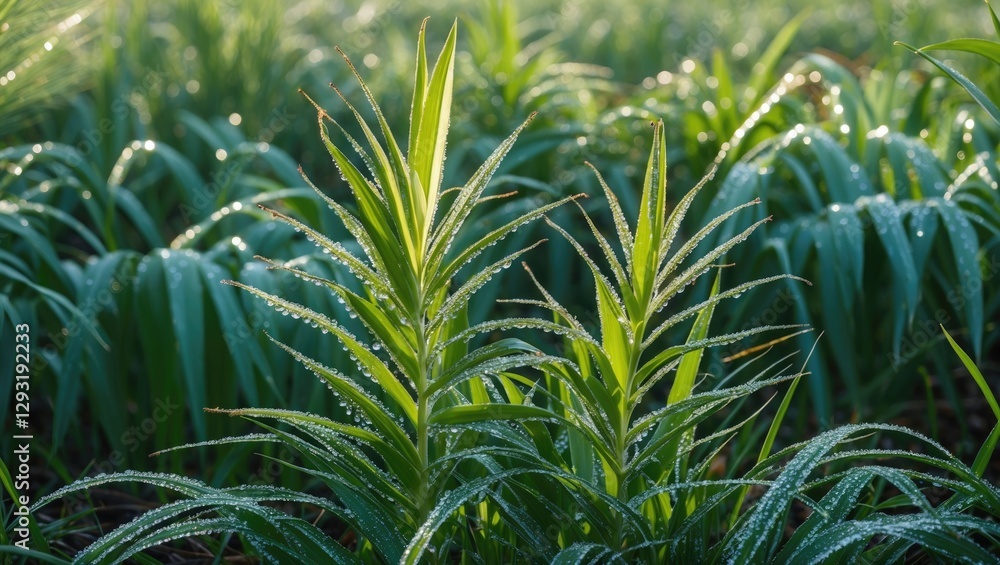 Aufkleber morning dew on setaria palmifolia grass in lush green field with empty space for text and copywritin