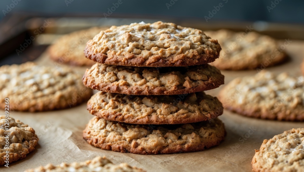 Poster stack of freshly baked oatmeal cookies on parchment paper in a warm kitchen setting with additional 