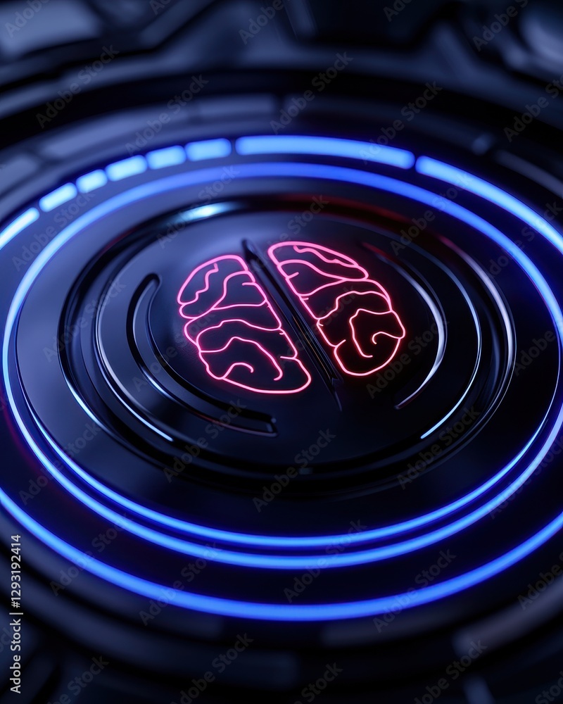 Poster close-up view of a digital brain design with glowing lights capturing innovative technology.