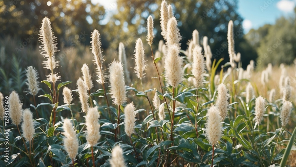 Poster fluffy wild plants against a bright sunny sky creating a natural background with copy space for text