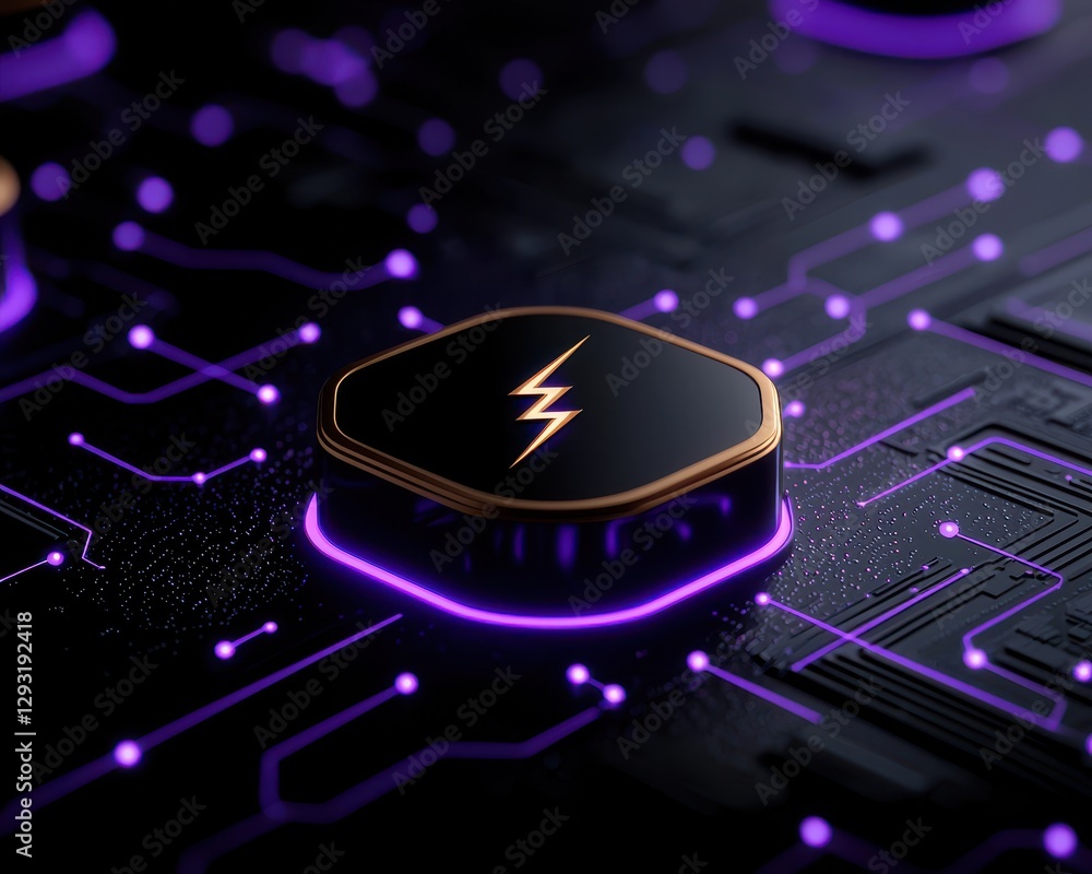 Poster close-up view of a futuristic circuit board with glowing elements and a lightning symbol.
