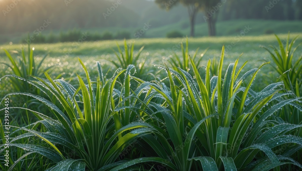 Aufkleber morning dew on setaria palmifolia grass with lush greenery and empty space for text display in natur