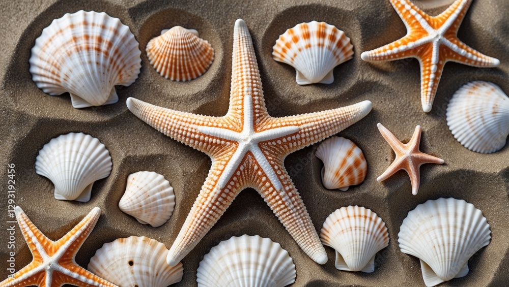 Poster starfish and seashells arranged on sandy beach creating a summer vibe with ample space for text and 