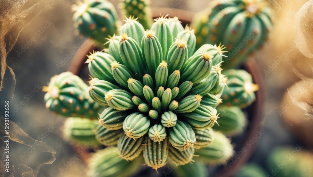 Poster top view of vibrant cactus plant showcasing intricate texture and unique patterns in natural light f