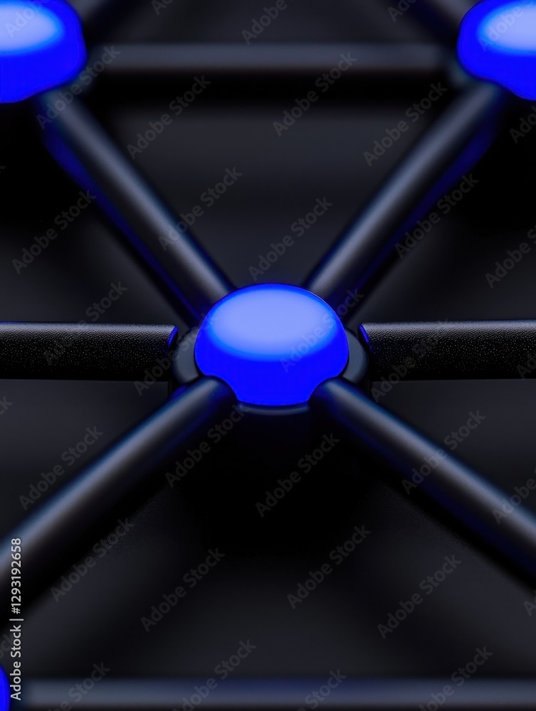 Poster close-up view of a futuristic network design with glowing blue nodes and dark background.