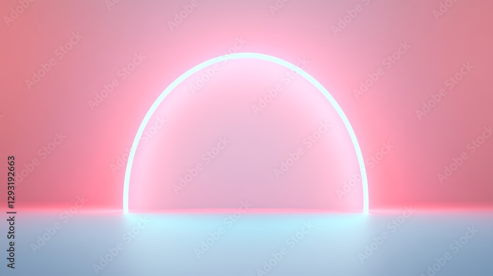 Poster neon arch in gradient colors with reflections on smooth surface for futuristic backgrounds and desig