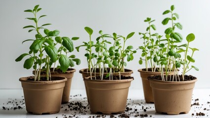 Fototapeta premium Nurturing green seedlings in biodegradable pots with soil on a clean background showcasing growth and gardening themes