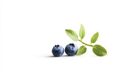 Fresh Blueberries with Green Leaves on Simple White Background