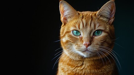 Obraz premium Close-up portrait of a ginger tabby cat with piercing green eyes on a dark background. Domestic pet and feline beauty concept