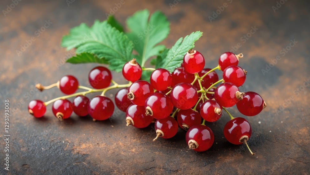 Poster fresh red currants with green leaves on rustic background perfect for text overlay and food styling 