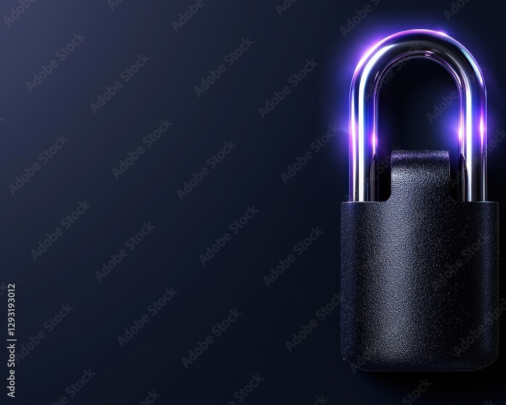 Poster close-up view of a glowing padlock on a dark background representing security and protection.
