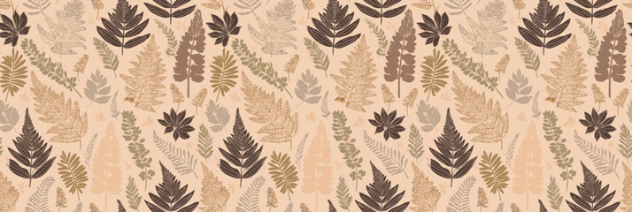 Handmade seamless pattern of various leaves and floral shapes in muted brown and beige tones on light background, for gift wrap and wallpaper