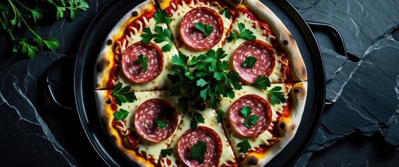 Delicious salami pizza garnished with fresh parsley served in a black iron plate against a stylish black stone background. Top view angle.