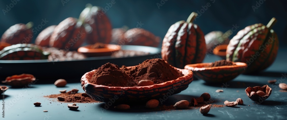 Poster artistic flat lay of cocoa pods and cocoa powder on a dark surface showcasing rich textures and colo