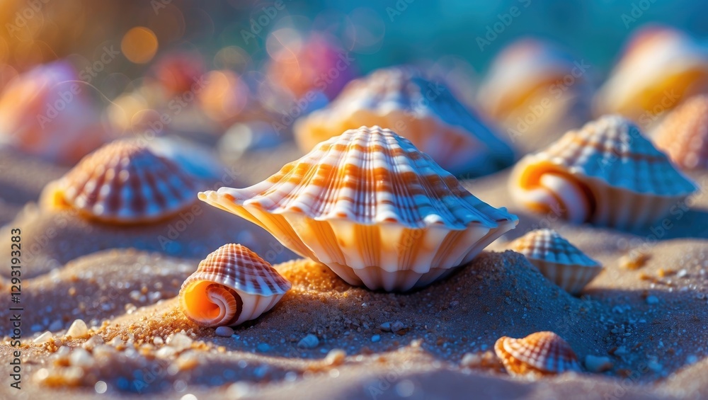 Poster macro shot of colorful seashells scattered on sandy beach with gentle bokeh background creating a se