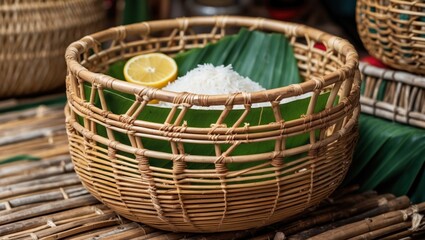 Handcrafted bamboo sticky rice basket with coconut leaves and lemon, showcasing traditional wickerwork from rural Thailand.