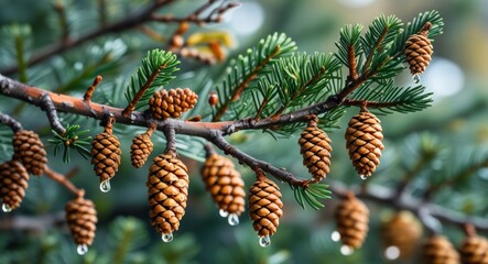 Fototapeta premium Young pine cones adorned with resin droplets nestled on fir tree branches during springtime, showcasing nature's intricate details.