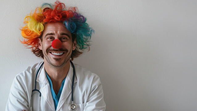 Funny doctor in white coat and stethoscope, dressed as clown with rainbow wig and red nose. Concept of humor in healthcare, power of laughter therapy. April Fools Day