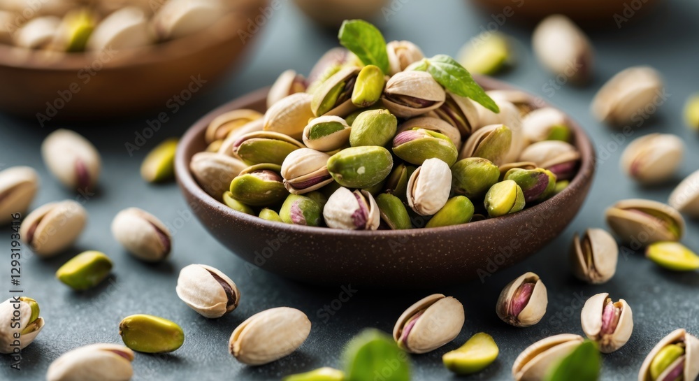 Aufkleber pistachio nuts in a rustic bowl with scattered kernels on a gray surface fresh and flavorful backgro