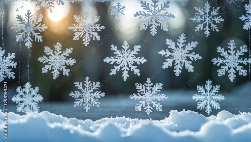 Poster frosted snowflake patterns on a glass surface with a serene winter background and soft light reflect