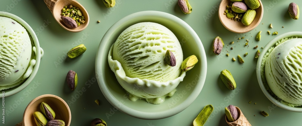 Poster pistachio ice cream in bowls with nuts and green background. top view macro texture for food design 