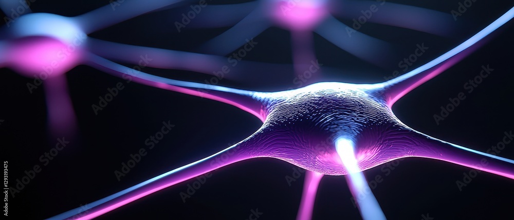 Poster close-up view of a neuron with colorful illumination showcasing intricate connections.