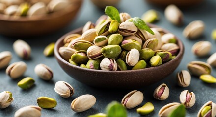 Pistachio nuts in a rustic bowl with scattered kernels on a gray surface fresh and flavorful background for culinary themes