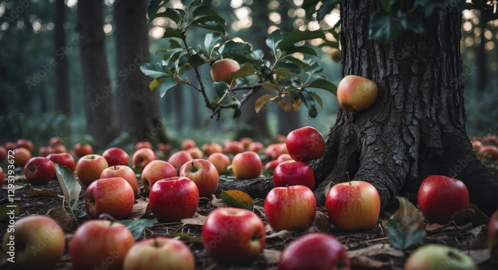 Poster ripe red and orange apples scattered on forest floor with tree trunk surrounded by lush greenery and