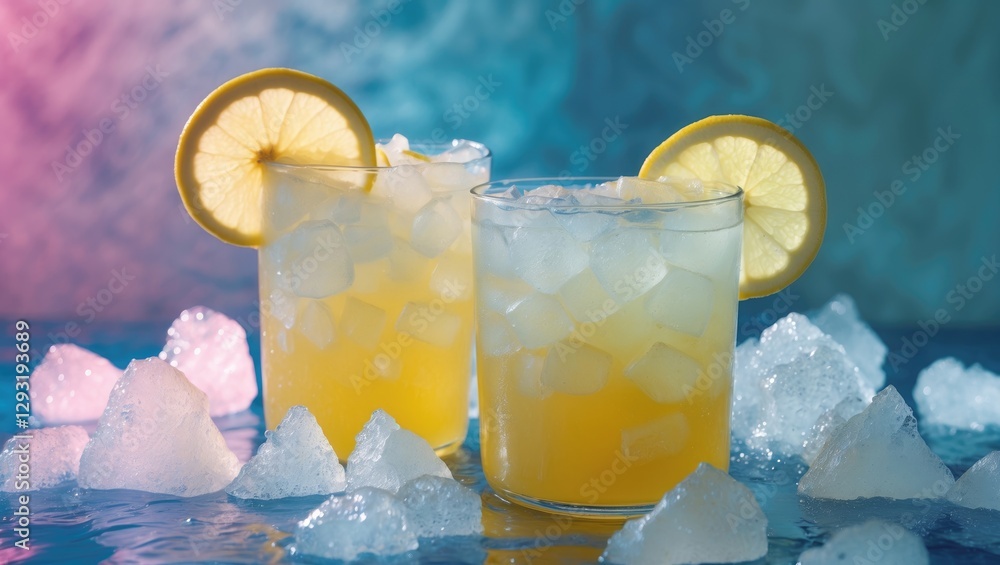 Poster refreshing lemonade with crushed ice and lemon slices perfect for summer days