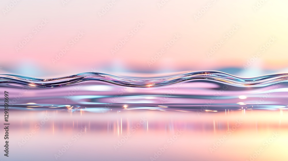 Poster serene sunset reflection on calm water surface with gentle waves and soft light colors in peaceful s