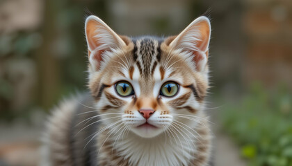 Adorable Kitten Portrait with Striking Green Eyes and Brown Fur Gaze