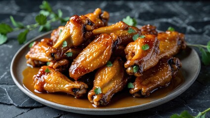 Delicious Honey-Soy Glazed Chicken Wings Served on Plate with Fresh Garnish Over Dark Stone Background Perfect for Food Promotions